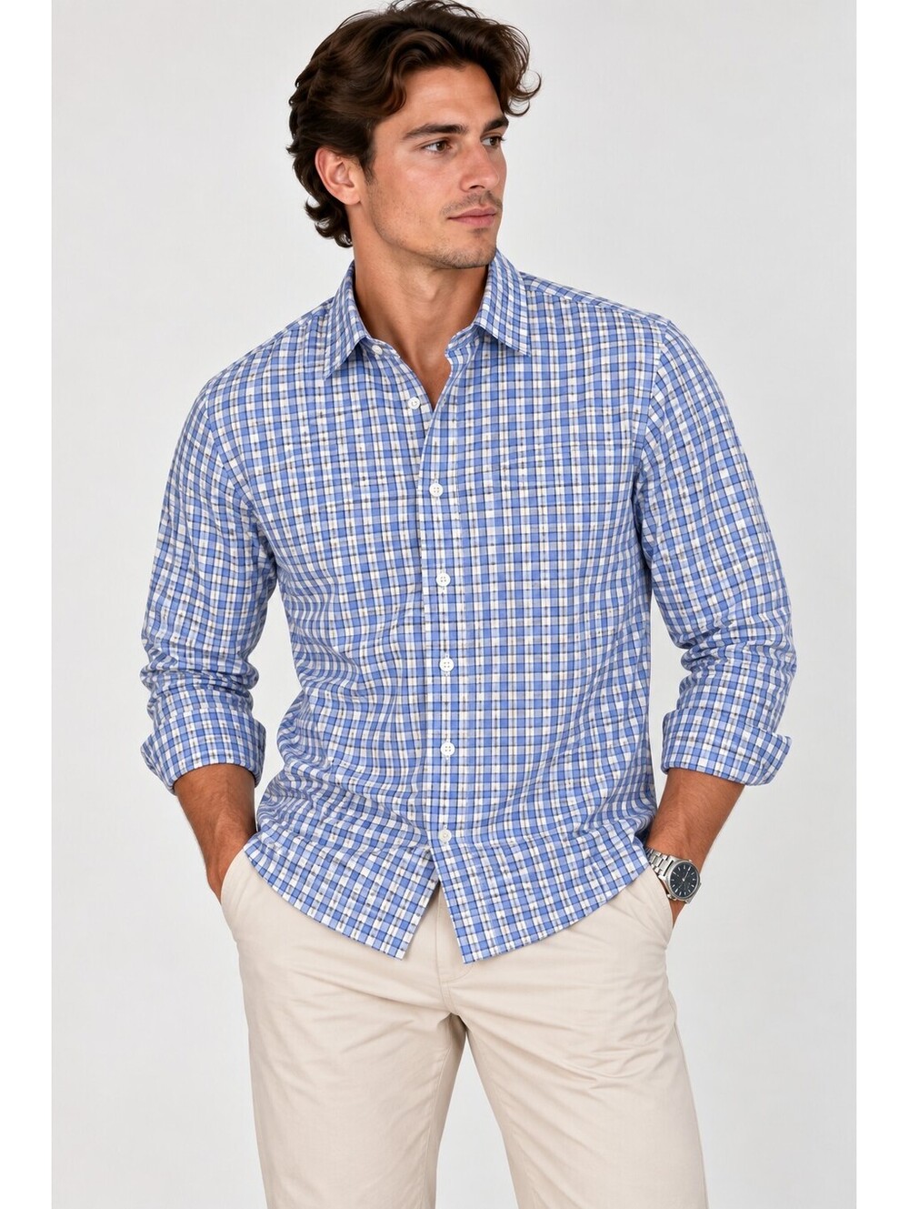 UNTUCKit Men’s Large Slim Fit Blue Plaid Gingham Check Button Down Shirt Preppy